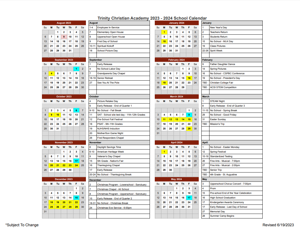 School Calendar Trinity Christian Academy